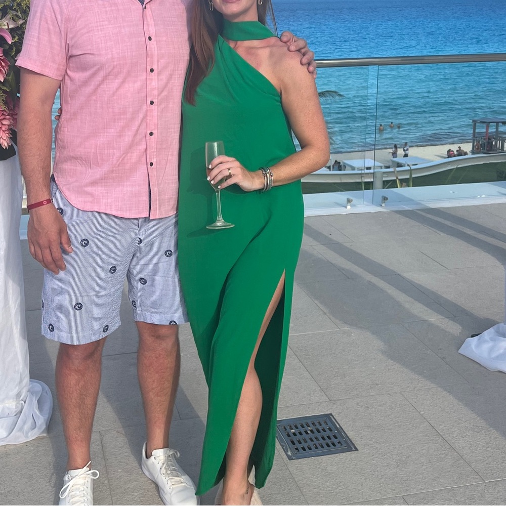 Green one shoulder wedding guest dress